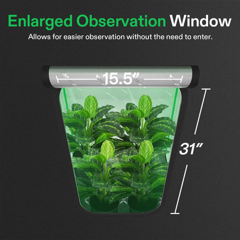 Beefed Up Pro Grow Tent 2.7x2.7 enlarged observation window for indoor plants, shows dimensions of 15.5 x 31 inches.