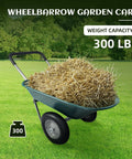 Two Wheel Garden Wheelbarrow Cart With Built In Stand For Home Yard Work, Heavy Duty Utility Wheelbarrow filled with straw on grass
