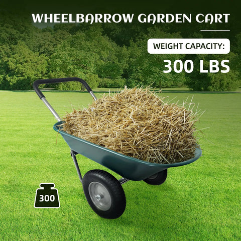 Two Wheel Garden Wheelbarrow Cart With Built In Stand For Home Yard Work, Heavy Duty Utility Wheelbarrow filled with straw on grass