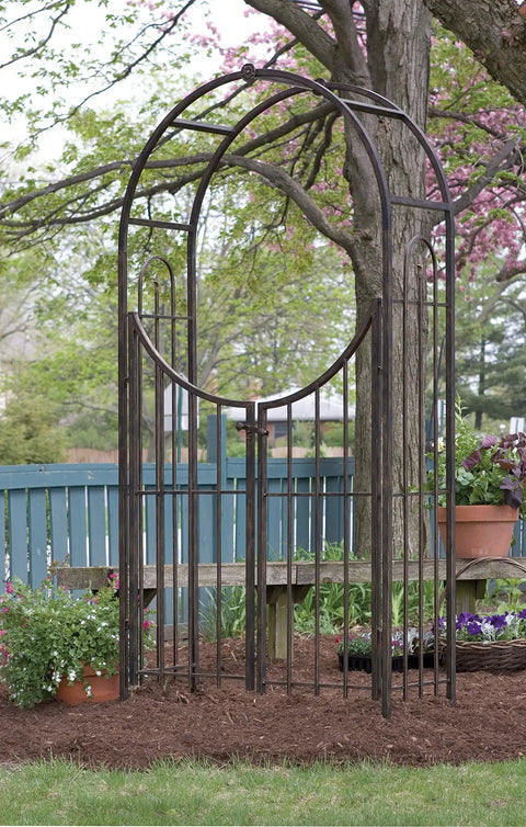 Arched Top Garden Arbor With Gate Brushed Bronze Powder Coated Outdoor Garden Archway Weather Resistant 90 Inch High 50 Inch Wide