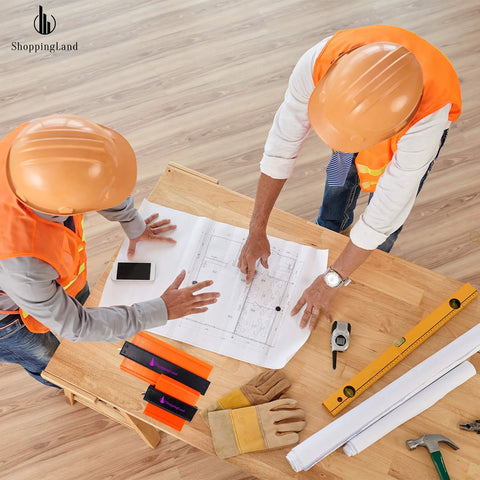 Workers planning with Pro Grade Contour Gauge For Woodworking And Carpentry Adjustable Profile Tool on a table with blueprints.