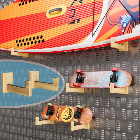 Rugged Wood Surfboard Wall Rack For Indoor Or Outdoor Use shown holding surfboards and skateboards, mountable with rubber pads.