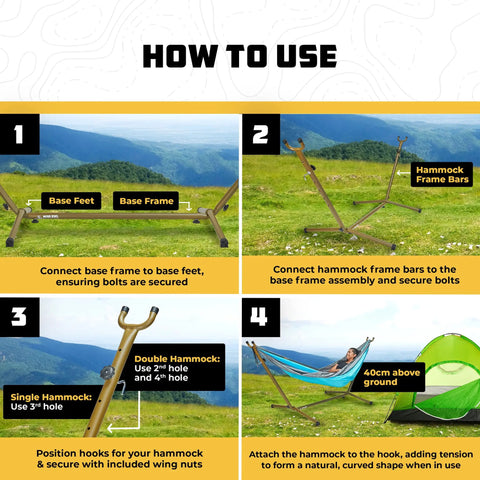 Four-step assembly guide for Portable Hammock Stand Hang Anywhere 106 By 42 Inches With 440 Pound Capacity Collapsible And Lightweight