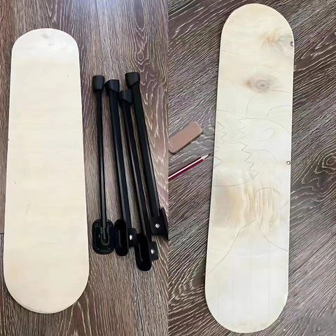 Sweet Set Of Four Portable Folding Table Legs Crafted From Skateboards And Longboards With Protective Floor Pads laid next to deck.