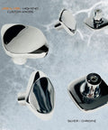 Silver chrome high-end custom cabinet knobs set on textured surface, showcasing modern square curved design.