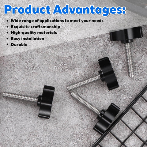 4 Pcs 1/4-20 x 1-1/4 Inch Thumb Screws with Black Wing Knob, Stainless Steel Thread and Aluminum Knob Displayed on Concrete Surface