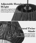 Close-up of adjustable hanging feature and natural twine shade on Modern Woven Pendant Light Fixtures Set Of 3 7 Inch Matte Black Dope Boho Farmhouse Coastal Hanging Lamps With Handwoven Rattan Basket Shades For Kitchen Island Bar Dining Room Bedroom Hallway