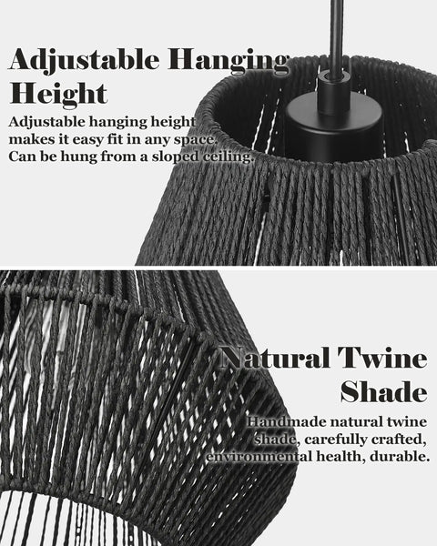 Close-up of adjustable hanging feature and natural twine shade on Modern Woven Pendant Light Fixtures Set Of 3 7 Inch Matte Black Dope Boho Farmhouse Coastal Hanging Lamps With Handwoven Rattan Basket Shades For Kitchen Island Bar Dining Room Bedroom Hallway
