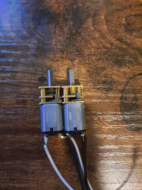 Two Pack DC Micro Gearbox Motors 3V 100 RPM N20, 17x12mm body with 10x3mm shaft on wooden surface, showing metal gear train