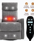 Full Body Massage Rocker Recliner With Heat Eight Vibrating Nodes For Back Lumbar And Legs Swivel And Manual Recline Space Saving Design for living room or bedroom showing massage points and control