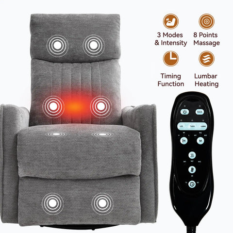 Full Body Massage Rocker Recliner With Heat Eight Vibrating Nodes For Back Lumbar And Legs Swivel And Manual Recline Space Saving Design for living room or bedroom showing massage points and control