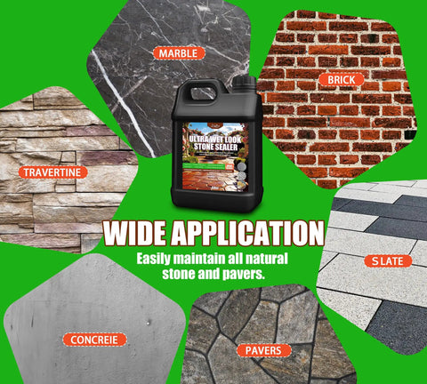 Top Shelf Wet Look Stone Sealer One Gallon bottle surrounded by marble, travertine, brick, slate, concrete, and pavers.