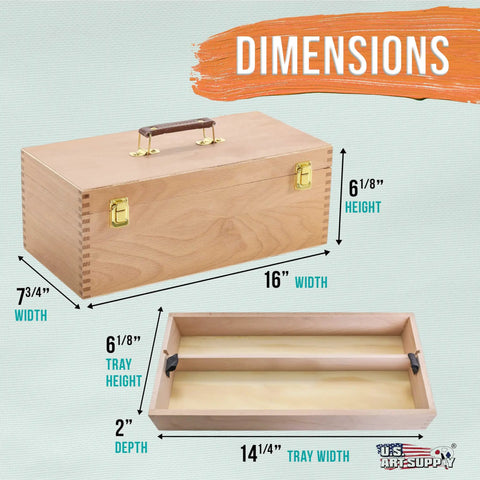 Durable Wooden Art Box With Locking Clasps And Removable Tray, Multi Function Tool Organizer dimensions illustration