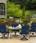 Comfy Outdoor Chair Cushion Set 21 By 20 Inch Seat With 21 By 24 Inch Back Cushion Rainproof And Fade Resistant Eco Friendly PFAS Free C0 Treated 100 Percent Polyester Fits Most Standard Outdoor Dining Chairs Sapphire Blue Leala on metal chairs around patio table in garden setting.