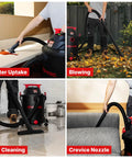 Heavy Duty 10 Gallon Wet Dry Vacuum With 4.5 Peak HP Motor And Three In One Cleaning, demonstrating water uptake, blowing leaves, dry cleaning, and crevice nozzle use.
