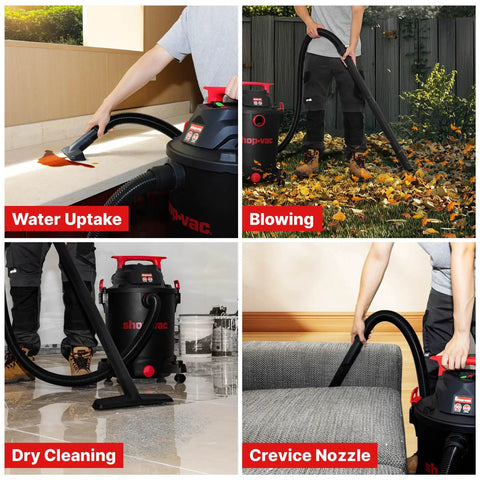 Heavy Duty 10 Gallon Wet Dry Vacuum With 4.5 Peak HP Motor And Three In One Cleaning, demonstrating water uptake, blowing leaves, dry cleaning, and crevice nozzle use.