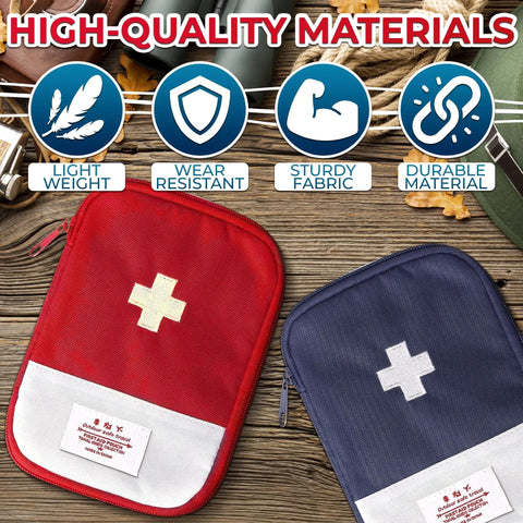 Two Pack Grab And Go Travel First Aid Bag Set with zippered compartments, showing red and blue water-resistant pouches.