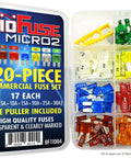 Auto Micro2 Fuse Kit 120 Piece With Fuse Puller 5A 7A 10A 15A 20A 25A 30A Color Coded 2 Blade Fuses Transparent Nylon Housings Quick Visual Identification Durable Electrical Protection Pro Grade shown in storage box