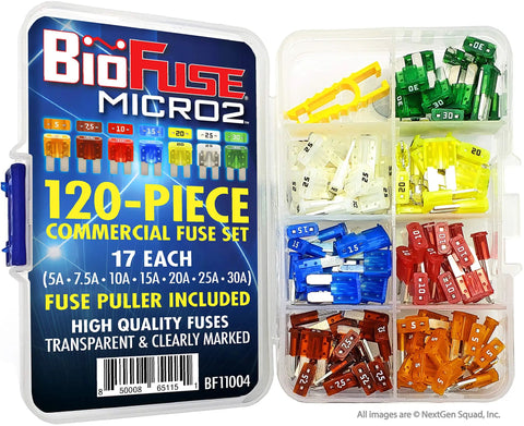 Auto Micro2 Fuse Kit 120 Piece With Fuse Puller 5A 7A 10A 15A 20A 25A 30A Color Coded 2 Blade Fuses Transparent Nylon Housings Quick Visual Identification Durable Electrical Protection Pro Grade shown in storage box