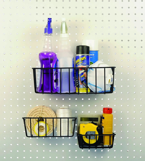 Assorted Pegboard Wire Basket Set Pack Of Three for organizing cleaning and workshop items on pegboard, steel construction