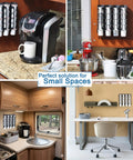 K Cup Holder Organizer For Keurig Pods, Space Saving Countertop Mount, installed on different kitchen and office spaces.