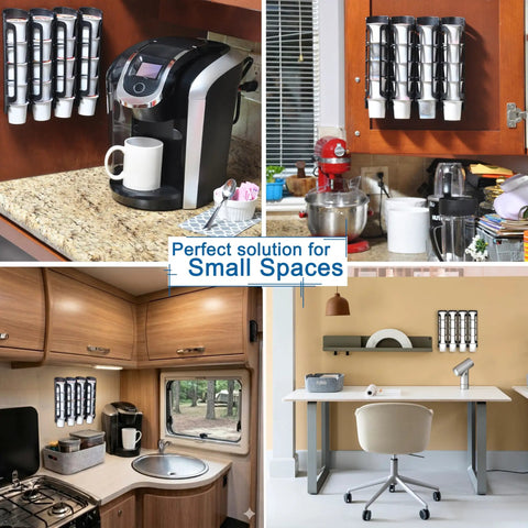 K Cup Holder Organizer For Keurig Pods, Space Saving Countertop Mount, installed on different kitchen and office spaces.