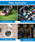 Collage of robotic lawn mower, vehicle electronics, underground cables, and electrical distribution board for 60 Piece 3 Way Wire Connectors Locks Self Stripping IDC Pigtail Connectors For 22-14 AWG Wires, Ideal For Robotic Lawn Mowers, Irrigation Systems, DIY Electrical Projects.