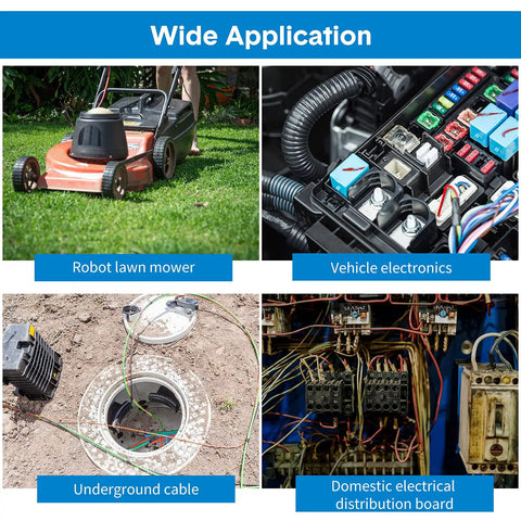 Collage of robotic lawn mower, vehicle electronics, underground cables, and electrical distribution board for 60 Piece 3 Way Wire Connectors Locks Self Stripping IDC Pigtail Connectors For 22-14 AWG Wires, Ideal For Robotic Lawn Mowers, Irrigation Systems, DIY Electrical Projects.
