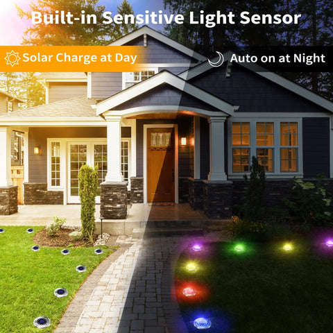 Sun Powered Solar Ground Lights 12 Pack With 8 LED In-Ground Disk Lights illuminating a walkway, auto on off at night.
