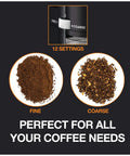 Home Barista Ready Burr Coffee Grinder With 12 Grind Settings And 8 Oz Capacity showing fine and coarse coffee grounds