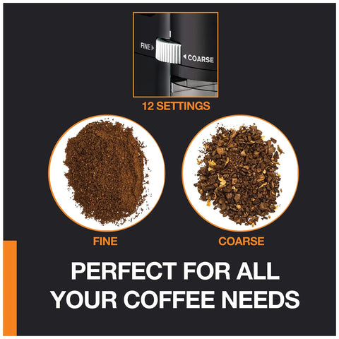 Home Barista Ready Burr Coffee Grinder With 12 Grind Settings And 8 Oz Capacity showing fine and coarse coffee grounds
