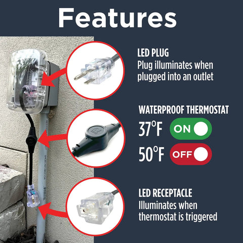Features of Outdoor 120V Heat Cable Controller Thermostat Weatherproof, Energy Saving Auto On At 37F Off At 50F, UL Listed