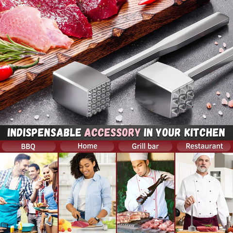 Dual-Sided Aluminum Meat Mallet Tenderizer For Steaks Veal And Chicken with ergonomic handle on wooden board with raw meat.