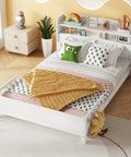 Solid Pine Wood Full Bed With Built In Bookcase Headboard LED Motion Sensor Night Light White Finish And Flexible Guardrails