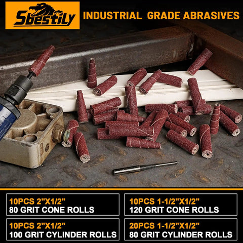 52Pcs One Quarter Inch Sanding Burr Set With One Quarter Shank For Die Grinder Rotary Tools shown with cone and cylinder rolls