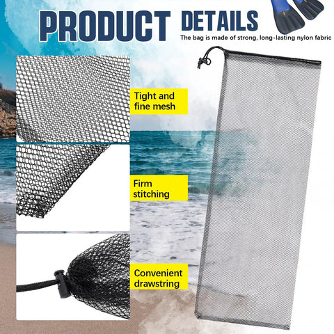 2 Pack Diving Snorkeling Mesh Drawstring Bags 29.5 x 10.8 Inches Black Gear Bags for Snorkel Fins and Dive Equipment Detail View