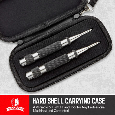 Heavy-duty automatic center punches (2) with knurled grips in a black hard-shell carrying case