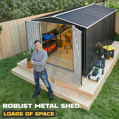 8 By 12 Ft Outdoor Metal Storage Shed With Updated Frame Structure, open doors revealing interior organization setup