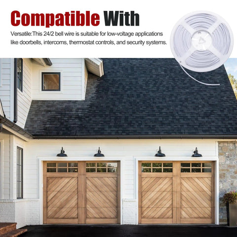 Universal 24/2 AWG 100 Feet Bell Wire For Garage Doors And More shown with garage doors and wire reel