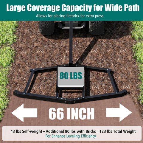 66 Inch Wide Tow Behind Driveway Drag Harrow with reinforced bars attached to a tractor, showing 80 lb weight capacity for landscape leveling.
