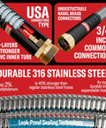 Close-up of 316 stainless steel 100 Ft Metal Garden Hose Set With No Kink Design highlighting brass fittings and leak-proof technology.