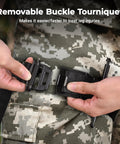 Front view of a black IFAK belt with a removable buckle on a camo uniform