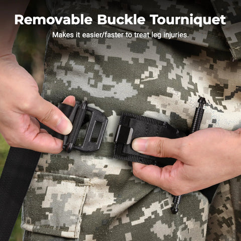 Front view of a black IFAK belt with a removable buckle on a camo uniform