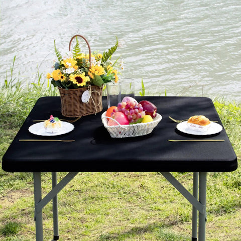 Fitted Card Table Cover For 34 By 34 Inch Square Tables Elastic Waterproof Tablecloth In Black with fruit and flowers outdoors