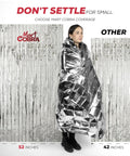 Comparison of Mart Cobra and other emergency blankets; shows size difference 82x52 inches vs 72x42 inches, with person wrapped in Mylar.