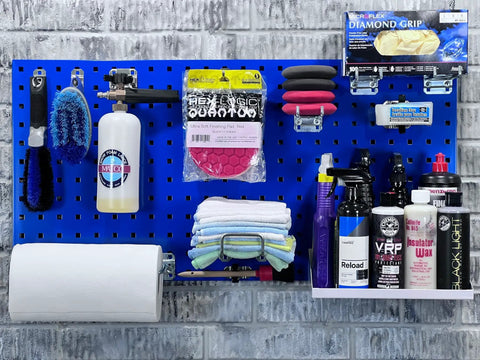LocBoard Kit Pair Of 18 In By 36 In Stainless Steel Pegboards In Blue Hidden Mounting Hardware with various tools hanging