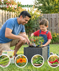 Father and son gardening with Raised Garden Bed Tomato Planter Box With Trellis Self Watering 4.1 Gallon Pot, various vegetables nearby.