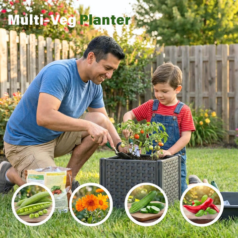 Father and son gardening with Raised Garden Bed Tomato Planter Box With Trellis Self Watering 4.1 Gallon Pot, various vegetables nearby.