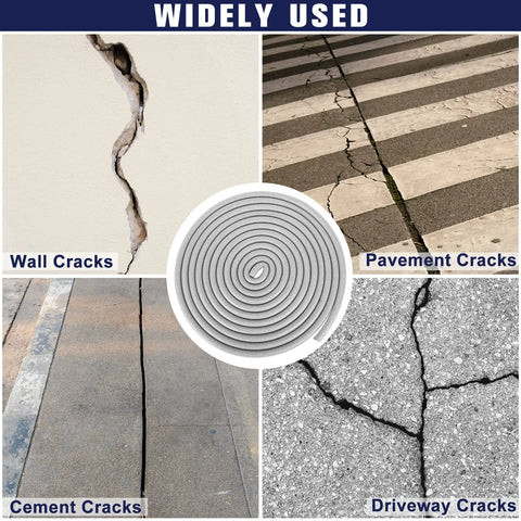 Tough As Nails Polyester Foam Backer Rod, 3/8 Inch By 59 Feet Long shown sealing various wall, pavement, cement, and driveway cracks.