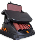 Powerful Heavy Duty Oscillating Belt And Spindle Sander With Four By Twenty Four Inch Belt And Drums From One Half To Two Inches Three And A Half Amp Motor Belt Speed Up To Fifteen Hundred Seventy Five Feet Per Minute Spindle Up To Two Thousand RPM shown with sanding attachments